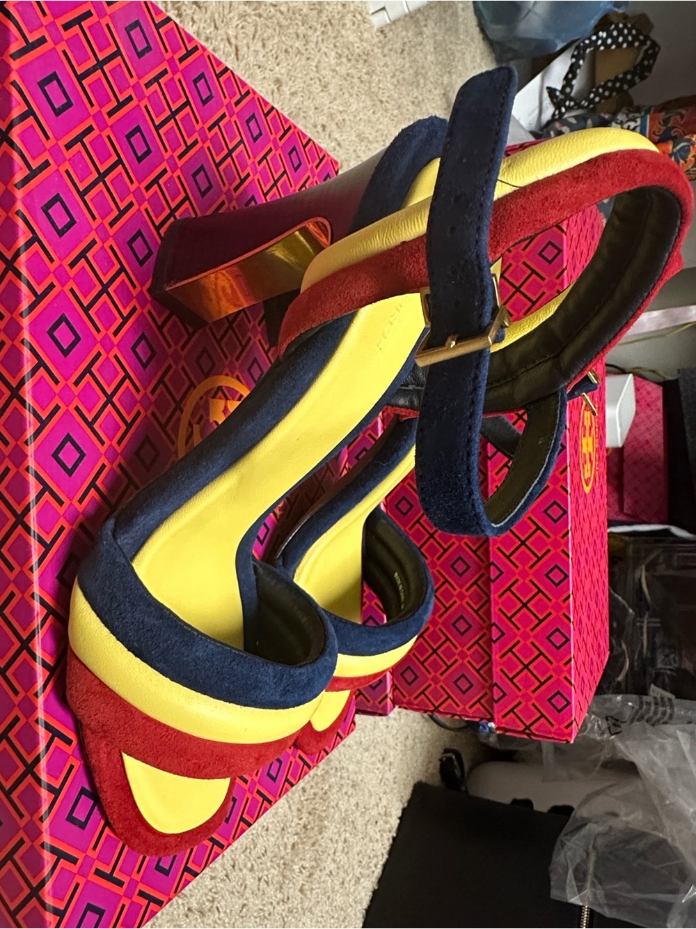 Tory Burch Tricolor Suede Ankle-Strap Heels in Red, Navy & Yellow - Picture 2 of 7